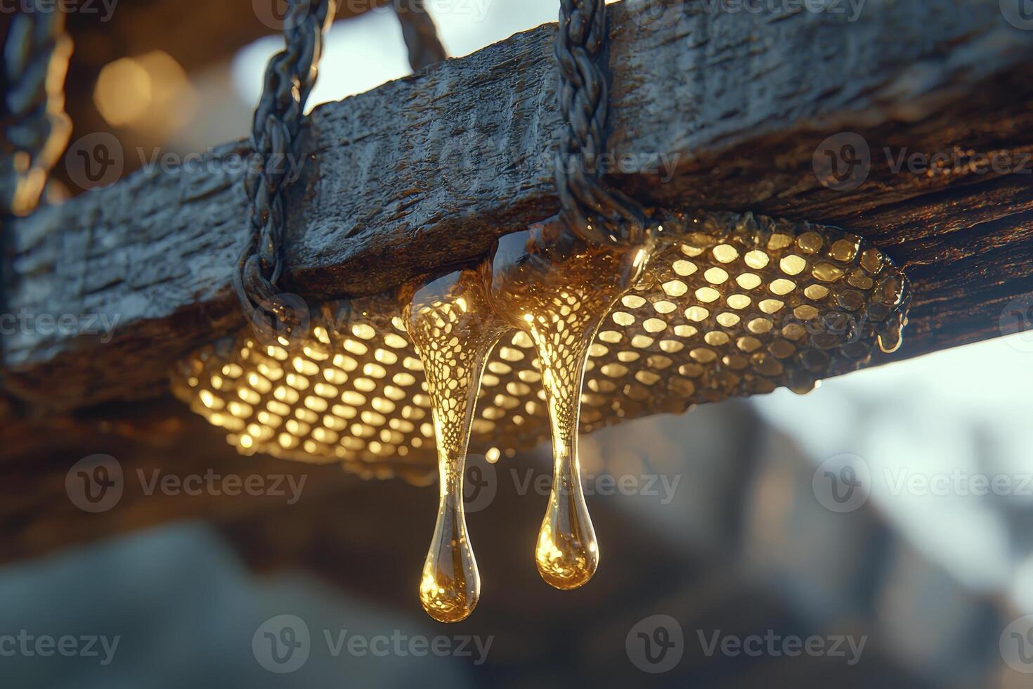 Captivating Close-Up of Honeycomb with Dripping Honey A Natural Sweetness Depiction Explore the Intricate Details of this Golden Delight, From the Bees' Hard Work to the Delicious Result Witness the photo