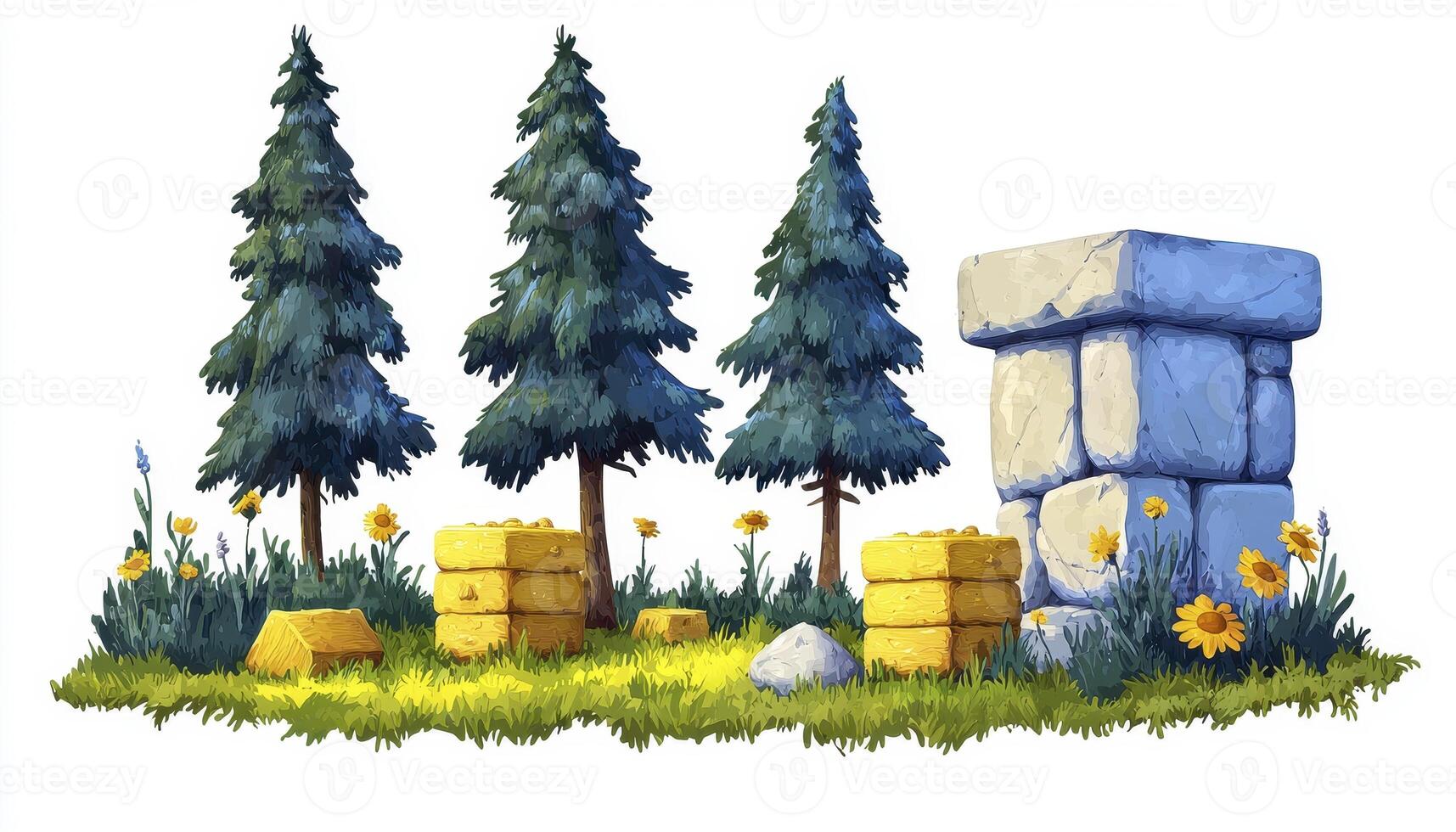Captivating Forest Scene A Serene Illustration of Nature's Beauty, with Majestic Trees, Lush Greenery, and a Rustic Stone Structure, Ideal for Nature Lovers and Art Enthusiasts Alike Discover the photo
