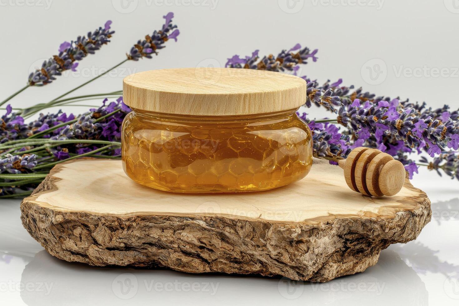 Capture the golden essence of nature's sweet elixir with this captivating image, showcasing a jar of pure honey nestled on a rustic wooden stand Delicate lavender sprigs add a touch of floral photo