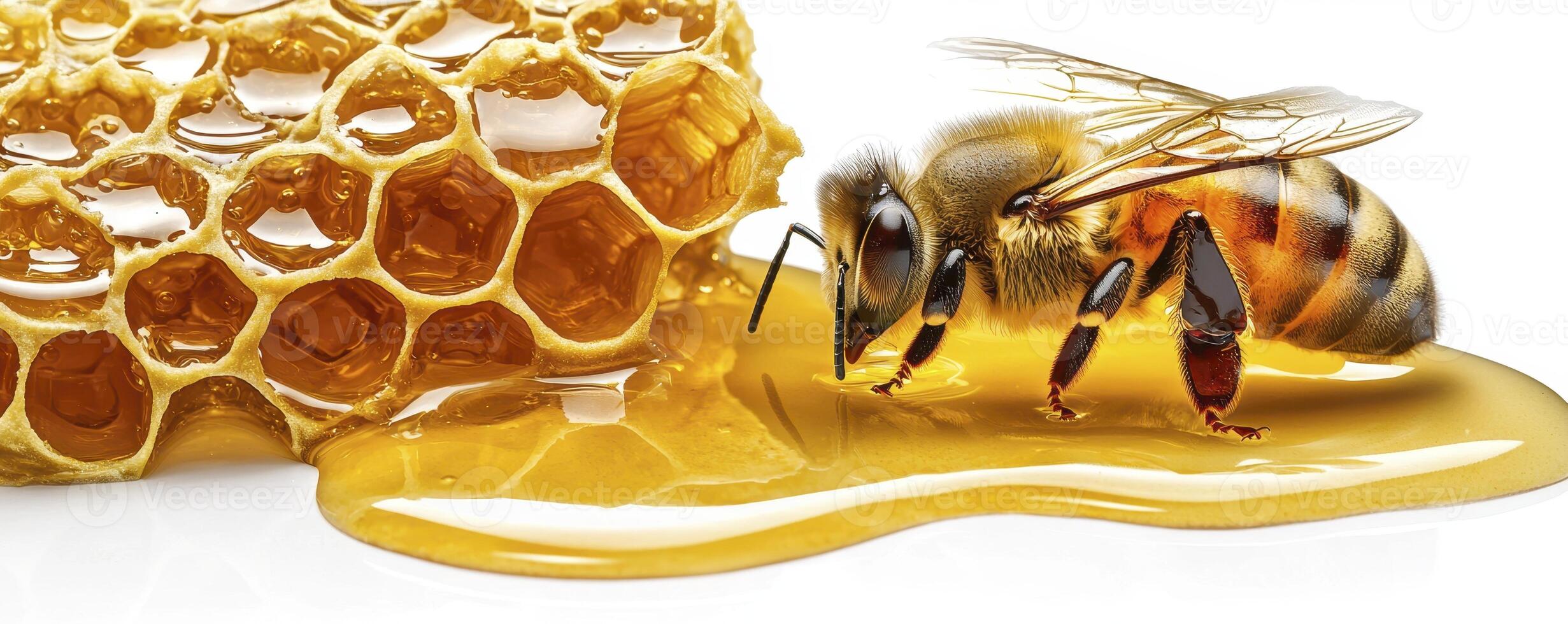 Close-up capturing the beauty of a honeybee elegantly perched on a golden honeycomb, surrounded by glistening drops of honey, highlighting the intricate details of nature's sweet creation, perfect photo