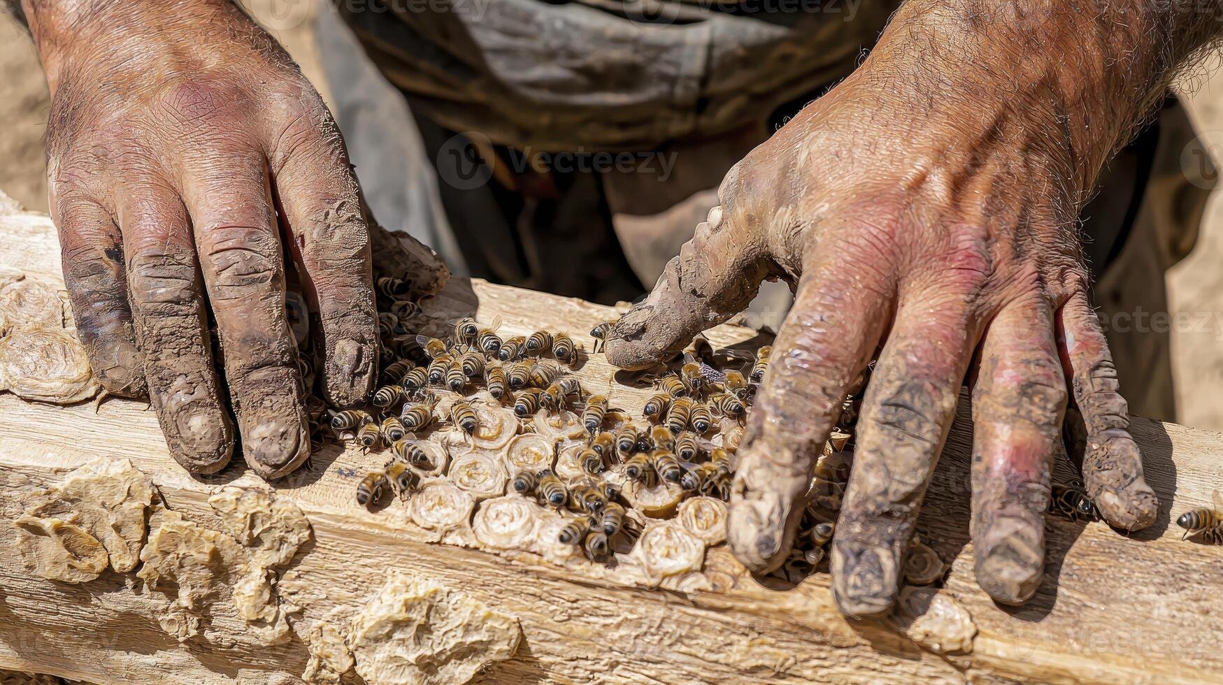 Close-up of weathered hands carefully sorting small, dark pellets on a rough, textured wooden surface, highlighting the meticulous process of seed selection, agricultural practices, and the photo