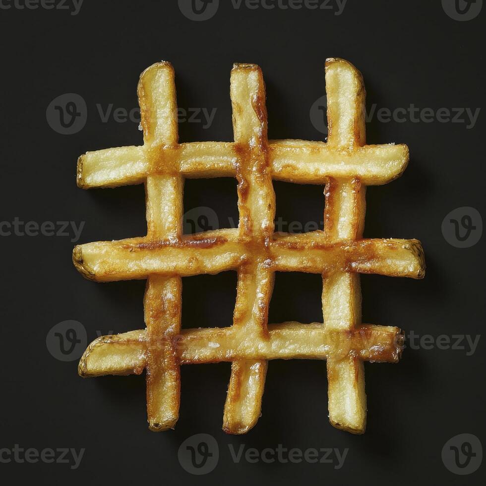 Crispy Golden Waffle Fries in a Unique Hashtag Shape on a Sleek Black Background A Delicious Food Art Photography Exploration Dive into the world of creative food presentation and appetizing visuals photo