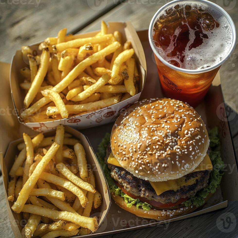 Delicious Burger Meal Explore the Ultimate Fast Food Indulgence with a Juicy Double Cheeseburger, Crispy Golden French Fries, and Refreshing Iced Tea Perfect for Lunch or Dinner, this Classic Combo photo
