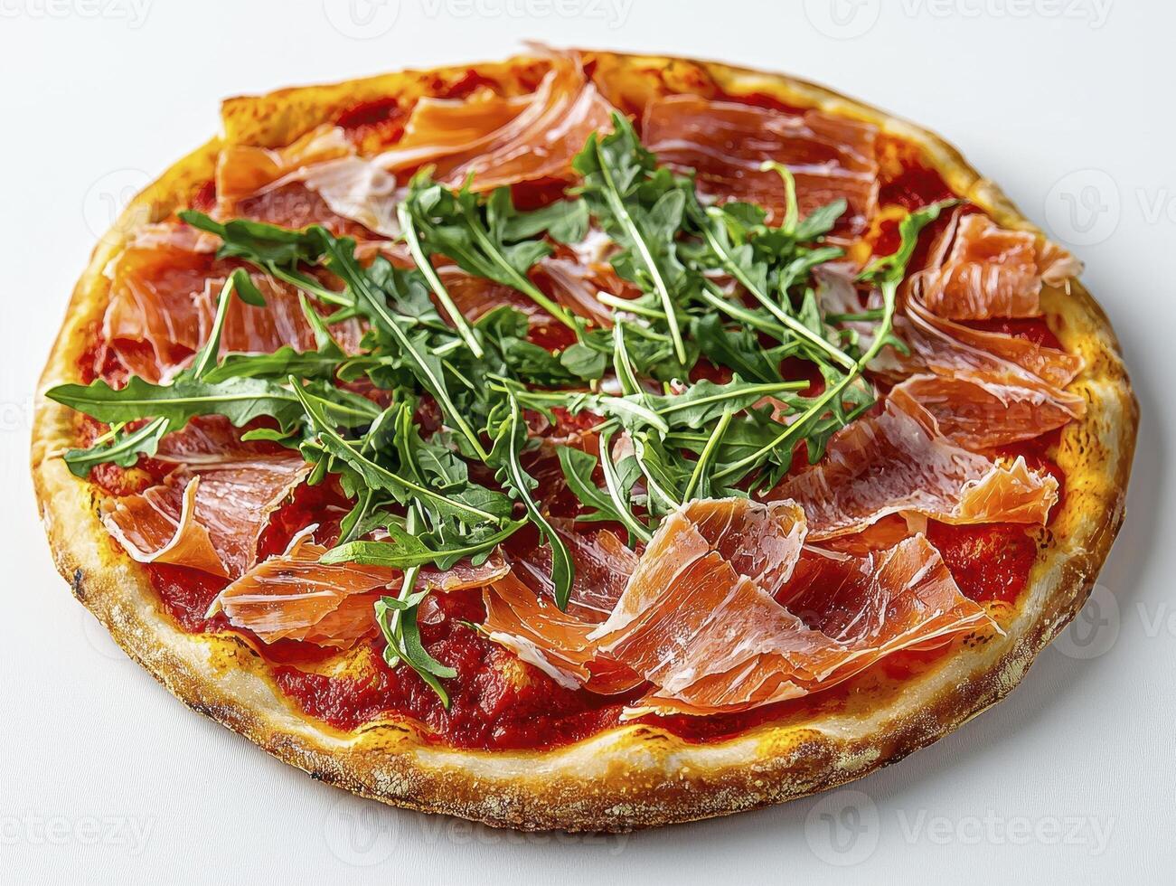 Delicious Italian Pizza with Prosciutto and Fresh Arugula A Culinary Delight Showcasing Traditional Flavors, Perfect for Food Photography Enthusiasts and Gourmet Recipe Inspiration This Image photo