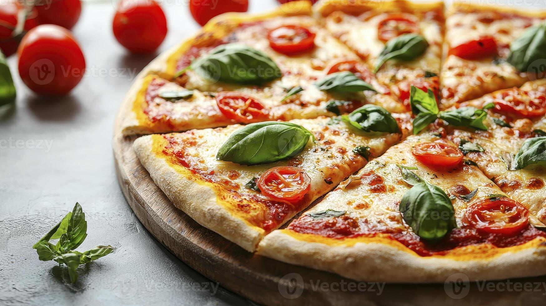 Delicious Pizza with Fresh Tomatoes and Basil A Captivating Close-Up Shot Showcasing the Artistry of Italian Cuisine Perfect for Food Blogs, Restaurant Menus, and Culinary Websites Enjoy the photo
