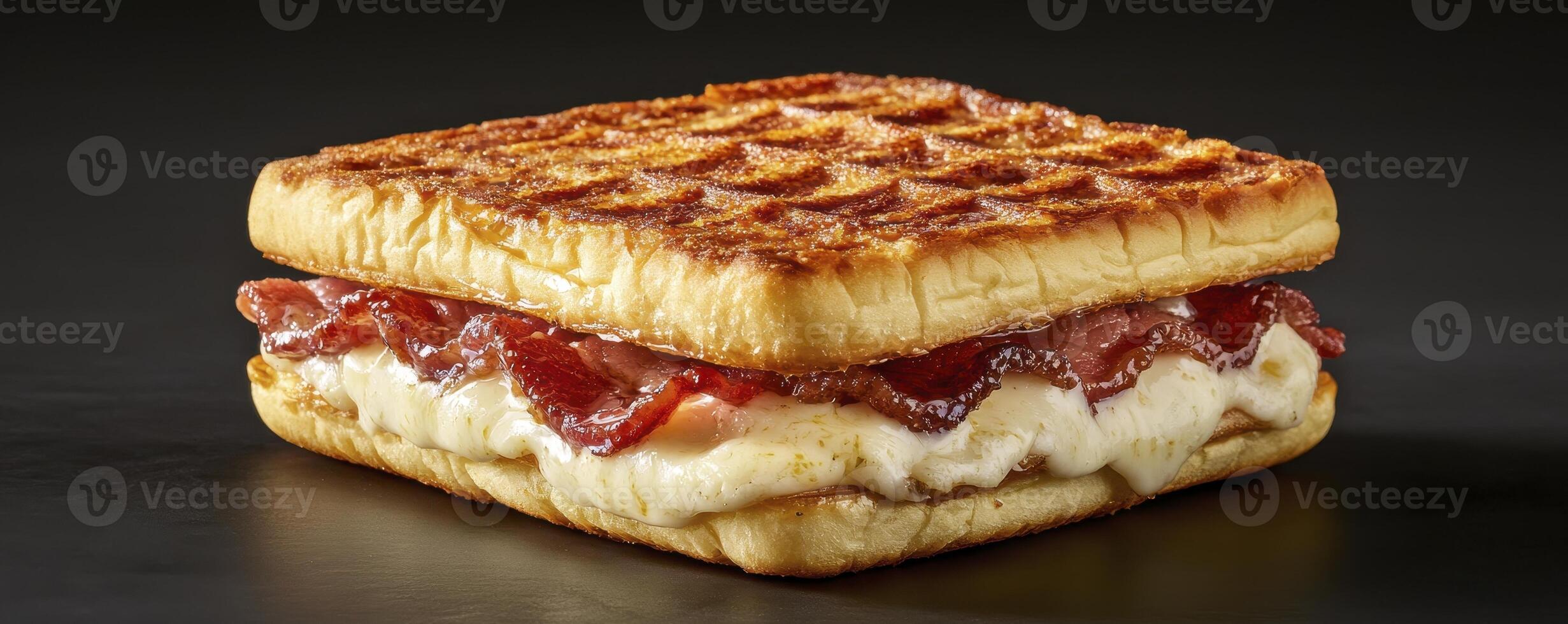 Delicious Waffle Sandwich Delight A mouthwatering image of a freshly prepared waffle sandwich, showcasing layers of crispy bacon, creamy melted cheese, and perfectly grilled waffles Capturing the photo