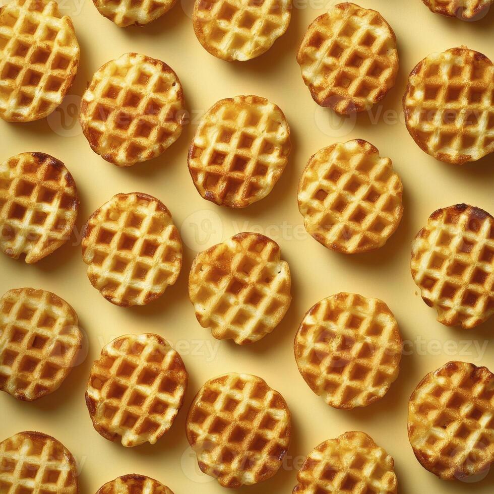 Delicious Waffle Bites on a Creamy Yellow Surface A High-Angle Shot Showcasing Golden Brown Mini Waffles, Perfect for Breakfast or Snacks, Arranged in a Patterned Design, Ideal for Food Blogs and photo