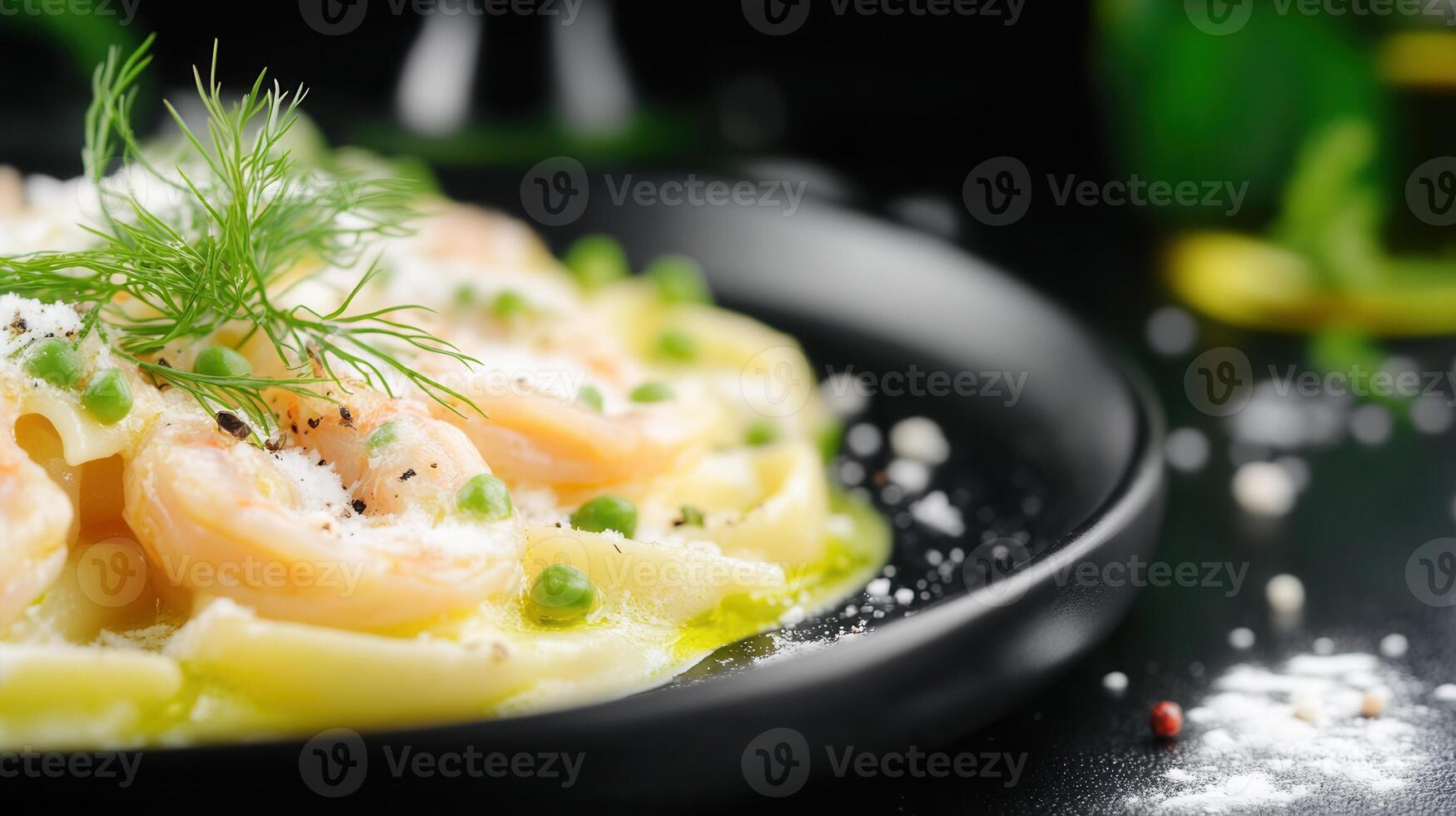 Plate of succulent shrimp and colorful vegetables artfully arranged for a gourmet dining experience full of flavor photo
