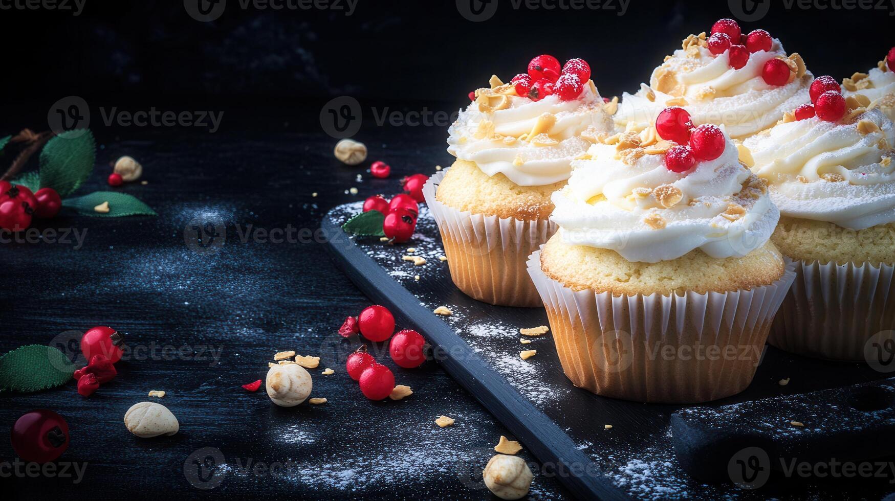 An elegant display of cupcakes topped with juicy cherries and crunchy nuts perfect for a charming dessert table setup photo
