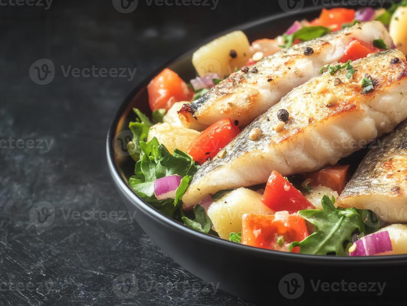 Flavorful fish dish accompanied by fresh vegetables for a healthy and delicious culinary experience photo