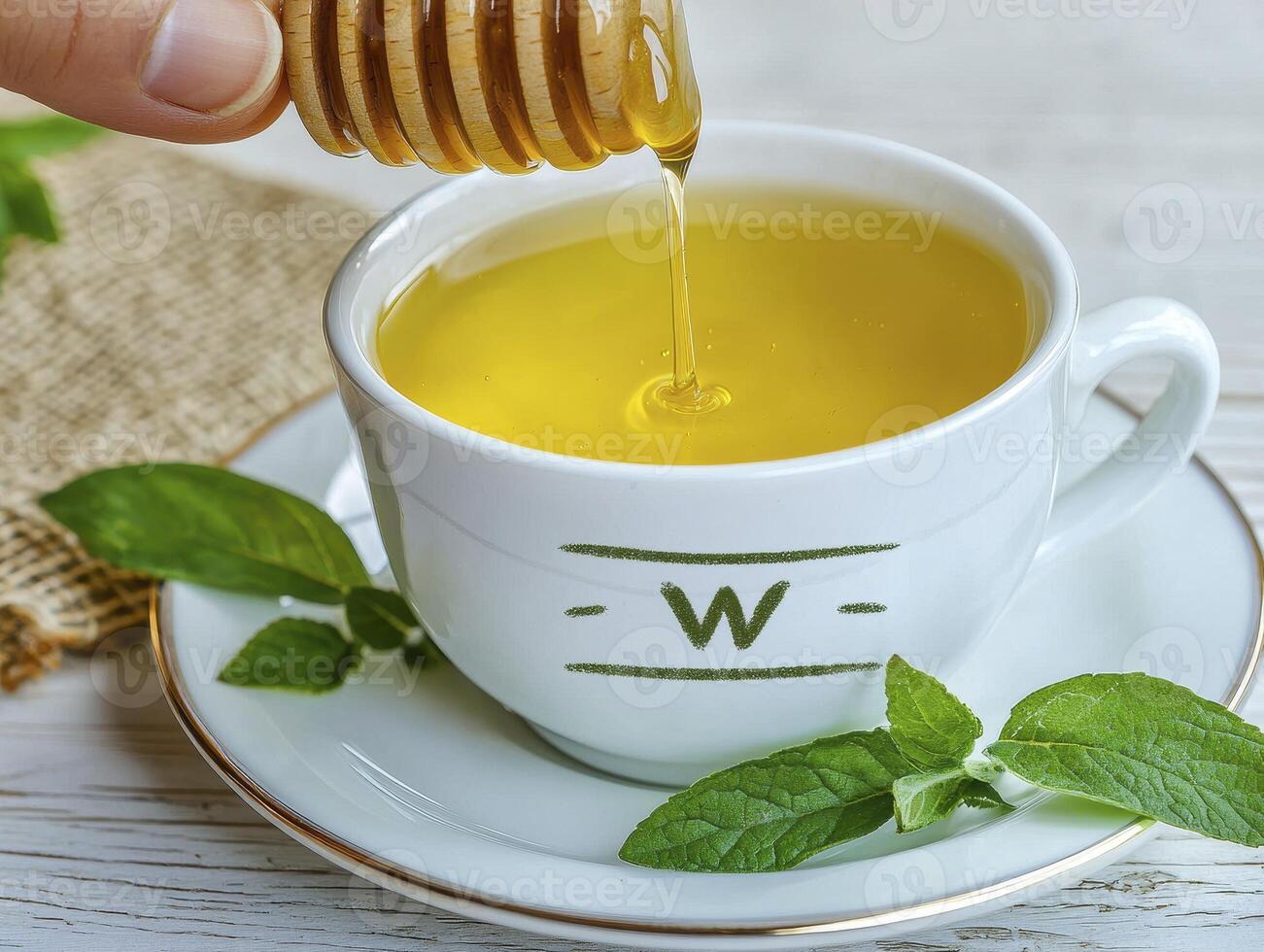 Discover the golden elixir of health with this captivating image featuring a steaming cup of tea, infused with the natural sweetness of honey, perfectly drizzled from a wooden dipper, creating a photo