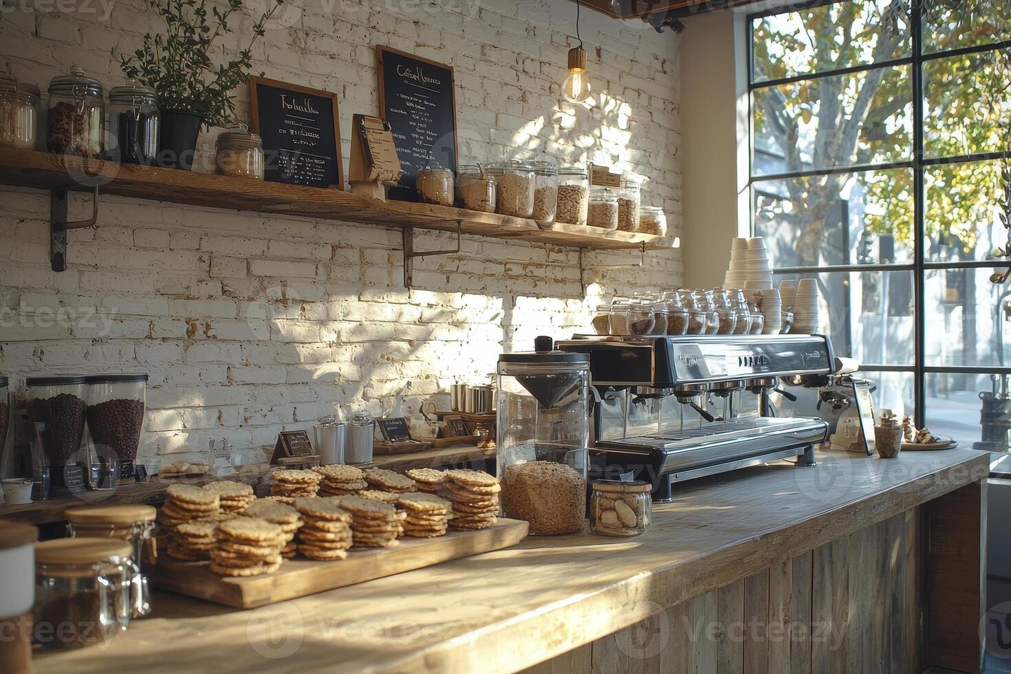 Discover the inviting ambiance of a sun-drenched cafe, a haven for coffee lovers and pastry enthusiasts alike This warm and cozy setting features rustic wooden counters adorned with freshly baked photo
