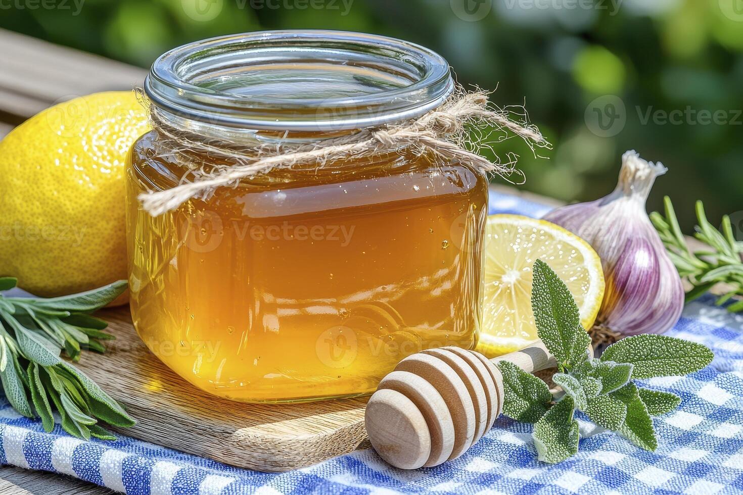 Discover the natural goodness of honey with lemon and garlic in a rustic jar, capturing the essence of wholesome wellness Explore the health benefits and culinary versatility of this golden elixir photo