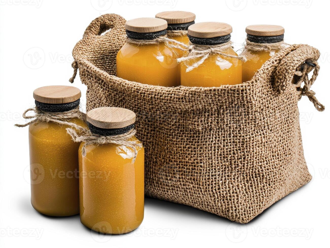 Discover the vibrant allure of golden juice nestled in rustic burlap, a captivating still life that evokes feelings of warmth and natural goodness Explore the rich textures and inviting colors of photo