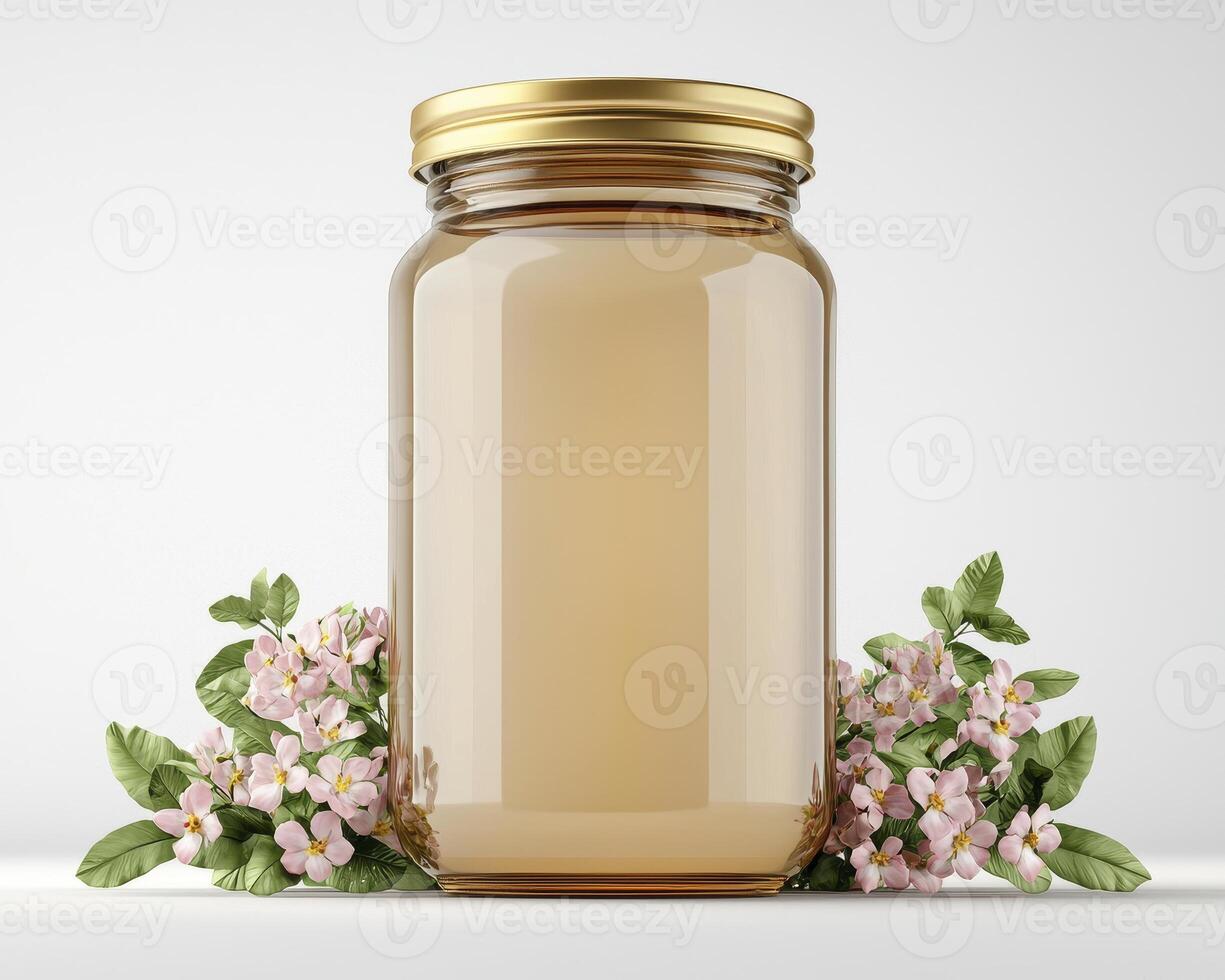 Elegant Honey Jar Mockup with Floral Accents, Premium Liquid Gold Presentation in a Clear Glass Container, Natural Sweetener Product Display, Customizable Label Space, Perfect for Branding photo