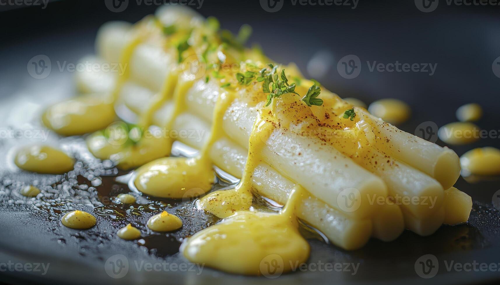 Elevate Your Culinary Creations with Exquisite White Asparagus A Stunning Close-Up Shot Showcasing Perfectly Cooked Spears Drizzled with a Creamy Hollandaise Sauce, Garnished with Fresh Herbs on a photo