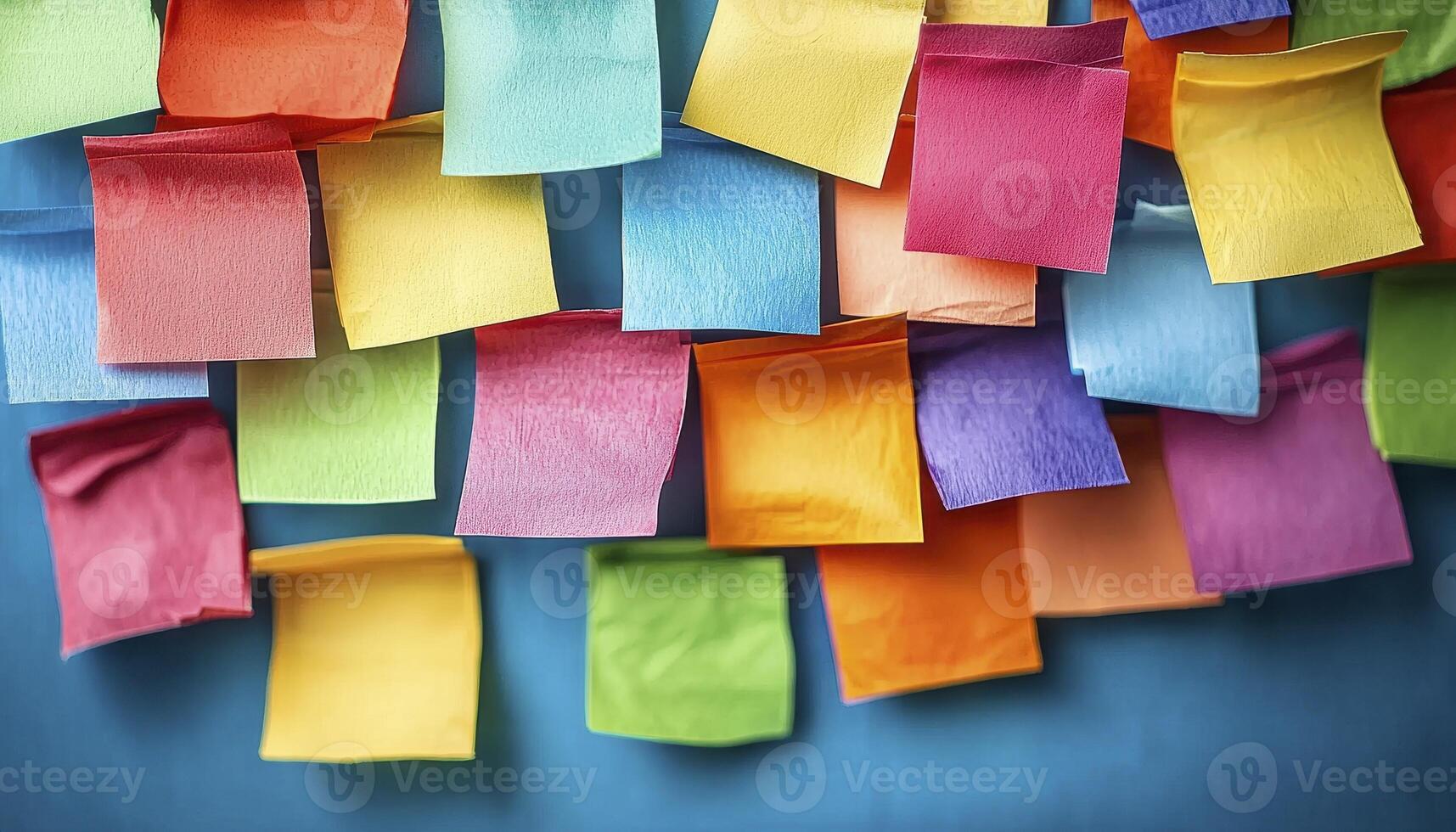 Explore a vibrant collection of colorful sticky notes against a serene blue backdrop, capturing the essence of organization, reminders, and creative brainstorming, perfect for visualizing project photo