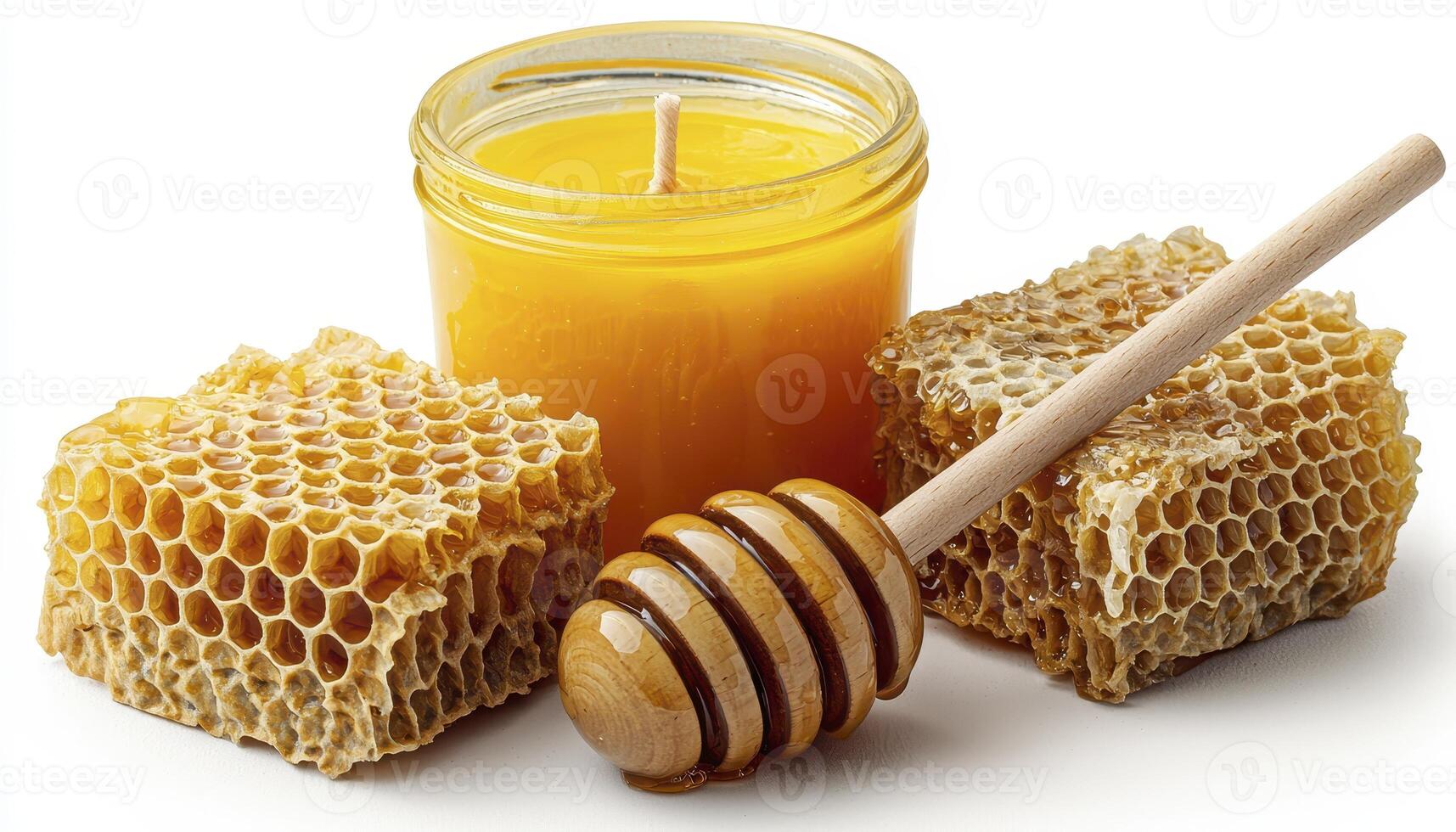 Explore the Golden Glow of Nature's Sweetness A Still Life Depicting Honey, Comb, and a Handmade Candle Discover the Rich Textures and Warm Colors of this Natural Composition From the Intricate photo