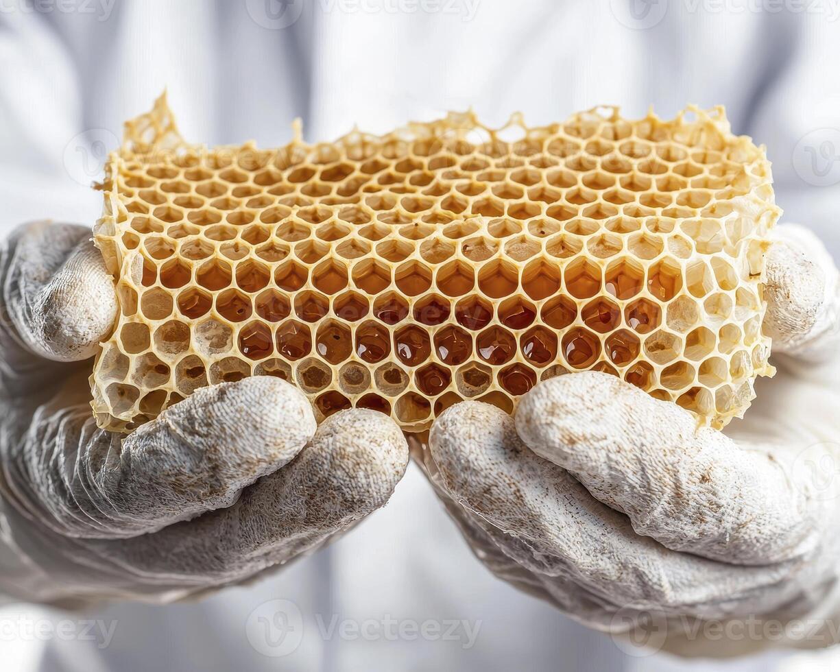 Explore the intricate beauty and scientific wonder of honeycomb structure, meticulously held in gloved hands This captivating image showcases the natural perfection and architectural genius of bees photo
