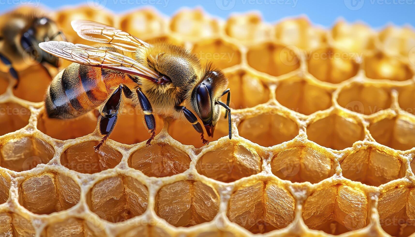 Explore the intricate world of honeybees and their golden honeycomb A detailed macro photograph capturing the essence of nature's sweet creation Witness the diligent work of bees as they construct photo