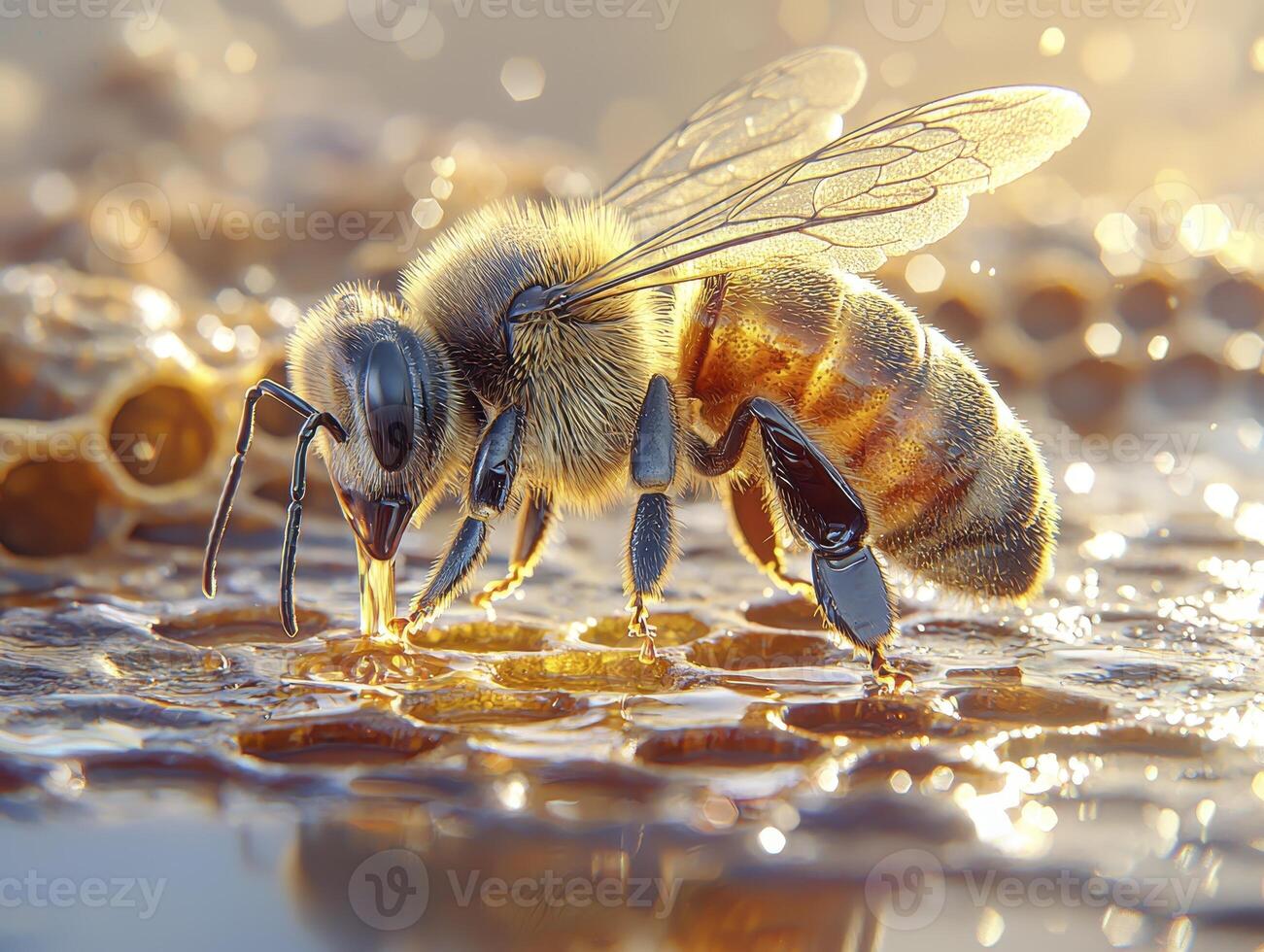 Explore the mesmerizing world of bees through this stunning macro photograph showcasing a honeybee diligently collecting nectar from golden honeycomb cells, capturing the intricate details of its photo