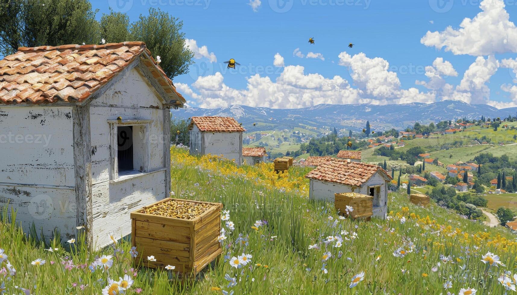 Explore the Serene Beauty of Tuscany A Picturesque Landscape Featuring Rustic Buildings, Rolling Hills, and Vibrant Wildflowers Discover the Charm of the Italian Countryside with this Captivating photo