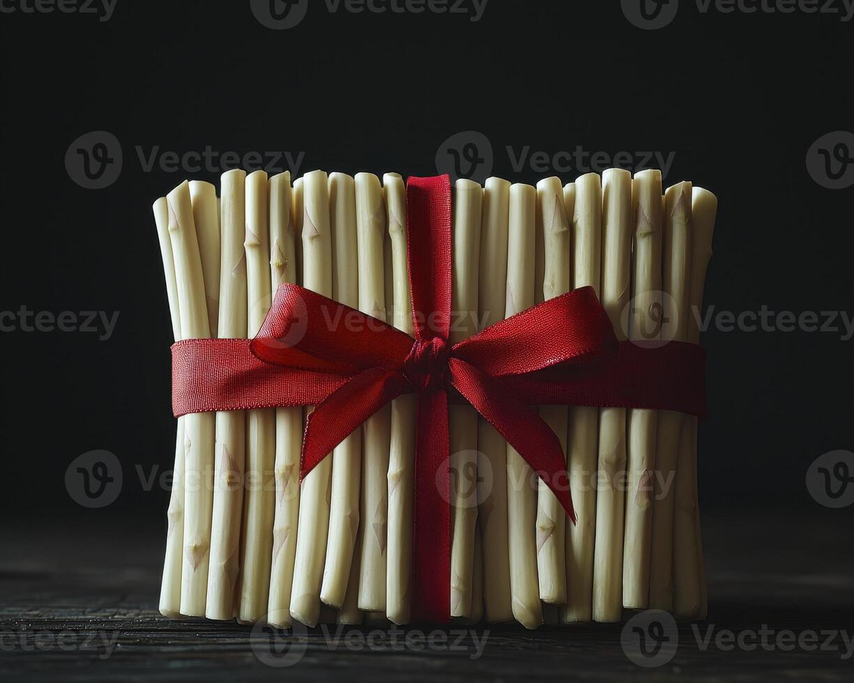 Festive Chocolate Sticks Gift Tied with a Red Ribbon Capture the essence of a delightful treat, showcasing white chocolate sticks beautifully bundled and adorned with a vibrant red ribbon Perfect for photo