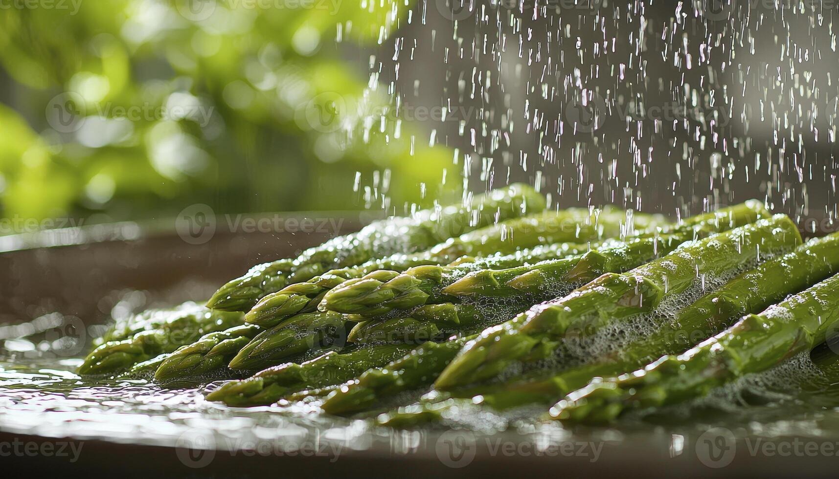 Fresh green asparagus spears, a vibrant and healthy vegetable, are being lightly drizzled with water, showcasing their natural beauty and crisp texture This image captures the essence of wholesome photo