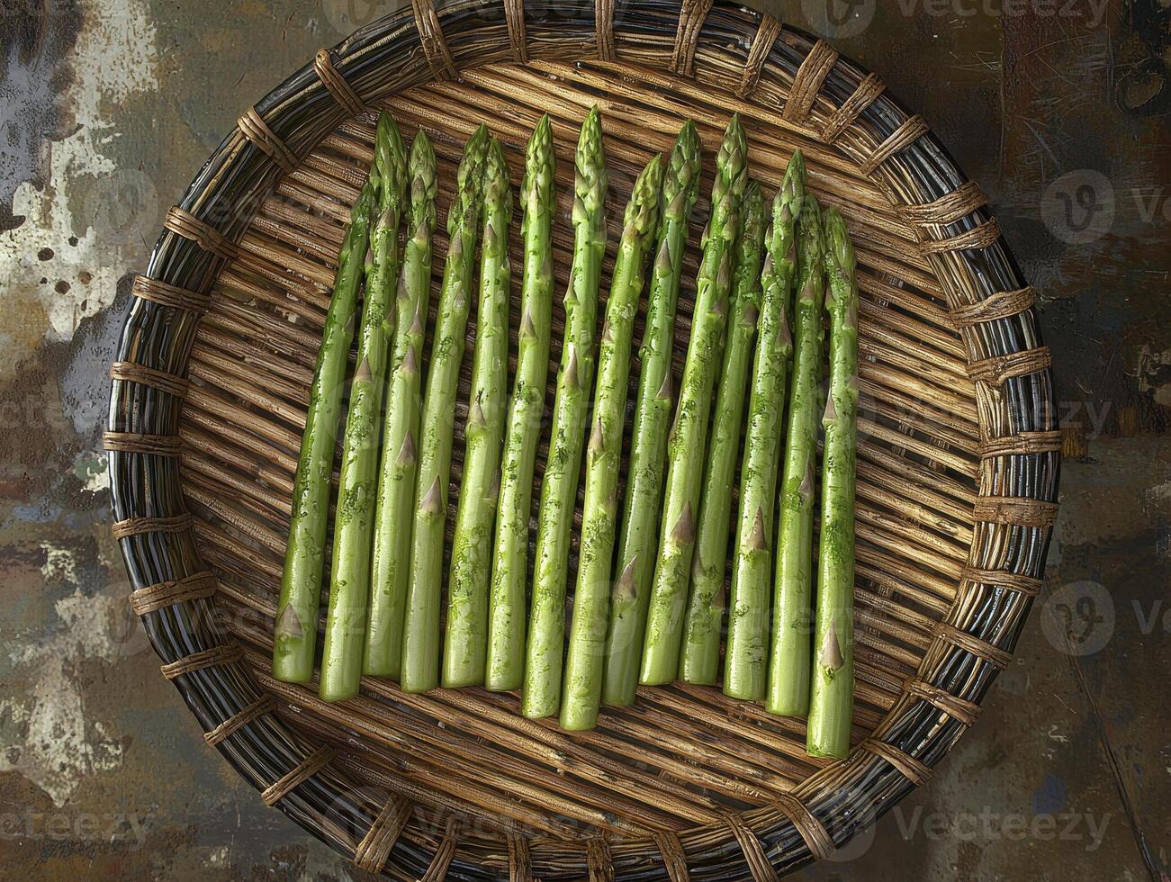 Fresh Green Asparagus Spears Arranged Neatly on a Woven Round Tray, a Culinary Delight and Healthy Vegetable, Perfect for Spring Recipes and Dietary Dishes Showcasing the Natural Beauty of Fresh photo