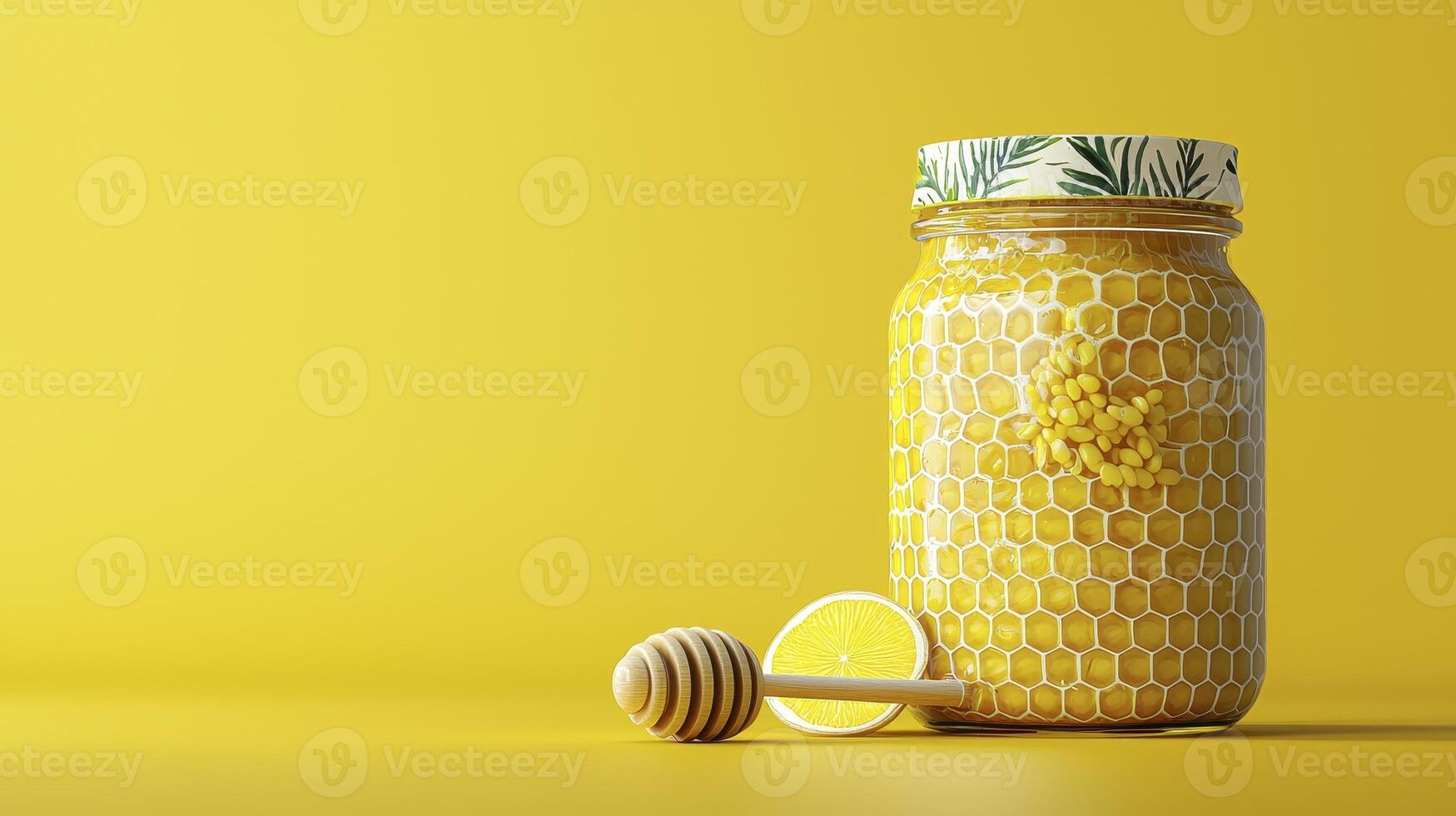 Golden Elixir A Radiant Jar of Honey Delight, Bathed in Sunshine Yellow This captivating image showcases the viscous, sweet amber honey within a decorative jar, highlighting its natural goodness and photo