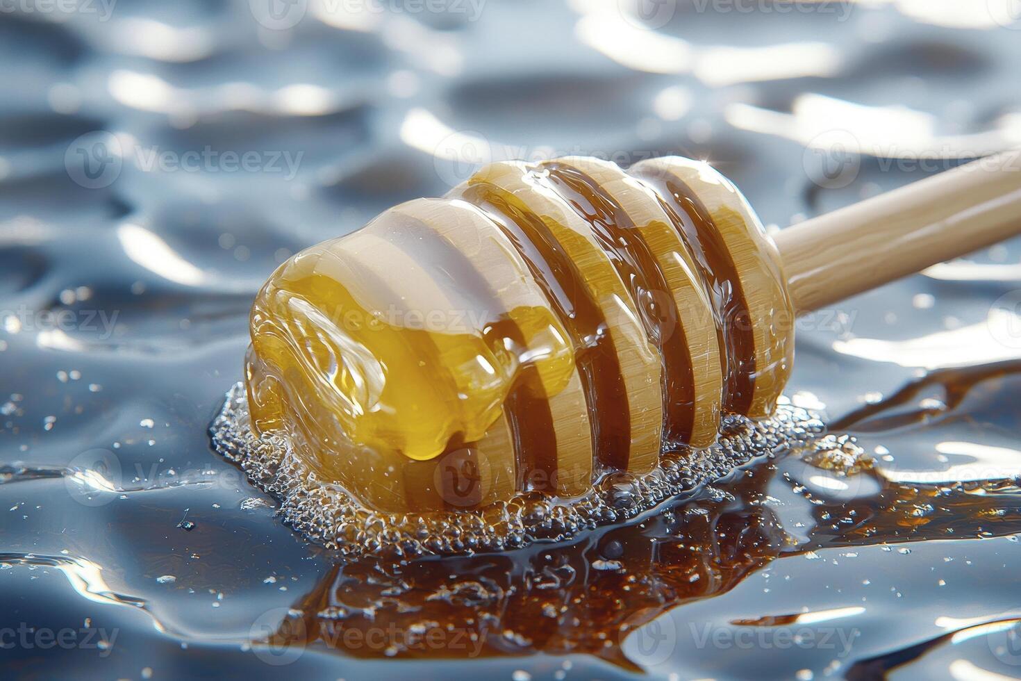Golden Honey Delight A Close-Up Capture of Nature's Sweetness with a Wooden Dipper, Showcasing the Rich Amber Color and Viscous Texture, Perfect for Food Photography, Recipe Illustrations, or photo