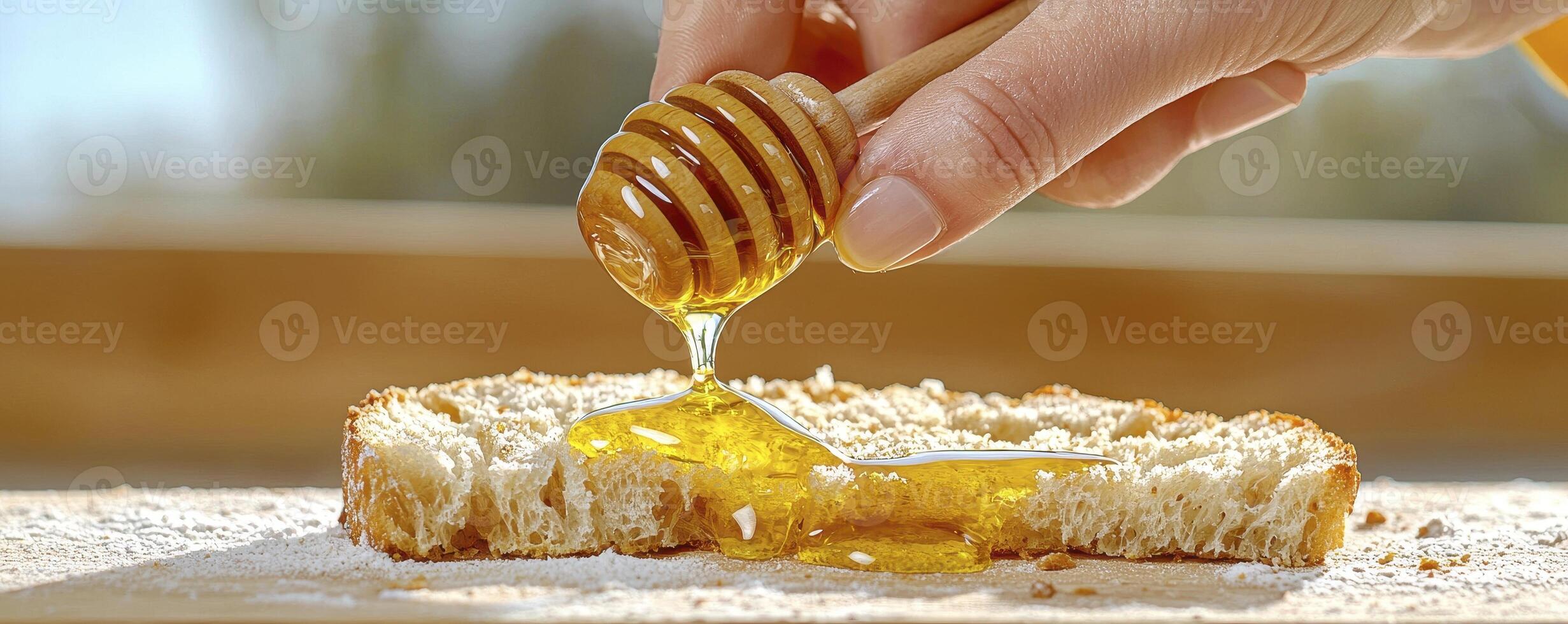 Golden Honey Drizzled on Fresh Bread A Delicious and Nutritious Treat Capture the sweetness of breakfast with this image showcasing the golden honey flowing from a wooden dipper, coating a slice of photo