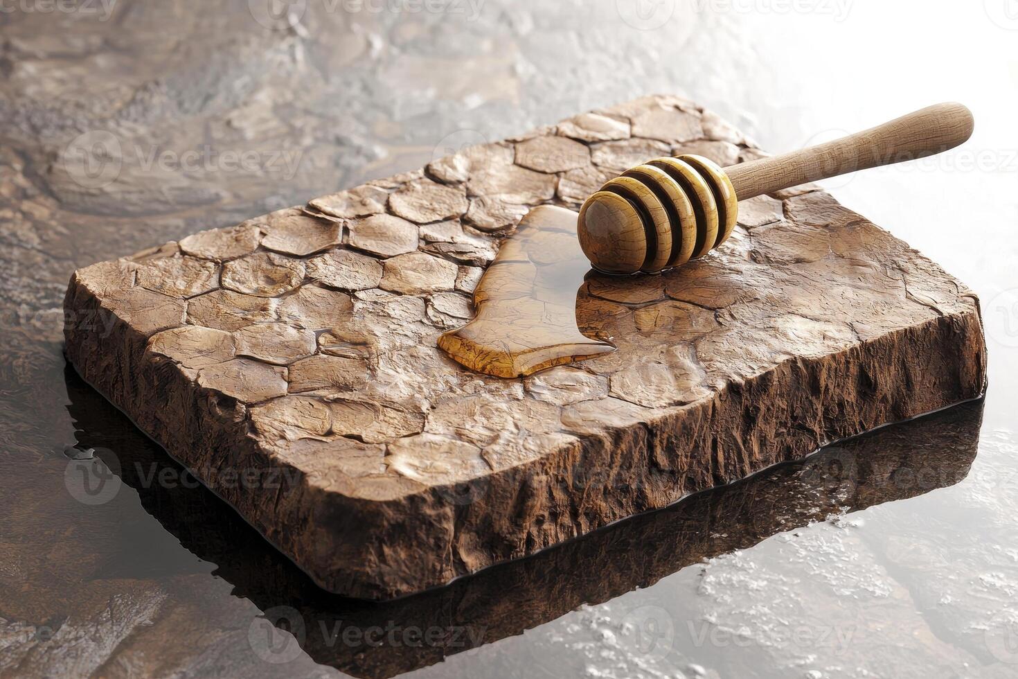 Golden Honey Drizzled on Rustic Stone Slab A Captivating Still Life Photograph Showcasing Natural Sweetness, Featuring an Intricate Honeycomb Texture on a Brown Textured Surface, Complemented by a photo