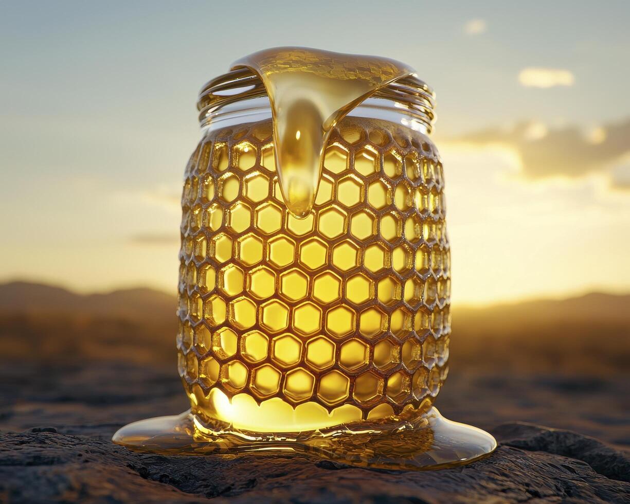 Golden Honey Jar A Close-Up Image of a Glass Jar Filled with Fresh, Natural Honey, Showcasing the Honeycomb Texture and Golden Color, Against a Sunset Landscape Perfect for Food Blogs, Health and photo