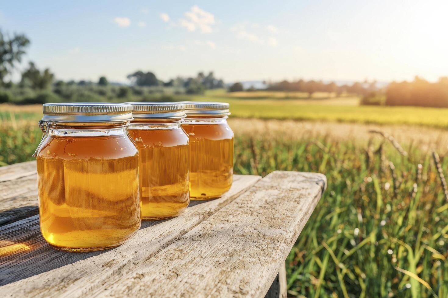 Golden Honey in Glass Jars Displayed on Rustic Wooden Table Against a Backdrop of Rolling Green Fields and a Clear Blue Sky A Natural and Healthy Indulgence, Capturing the Essence of Summer's Bounty photo