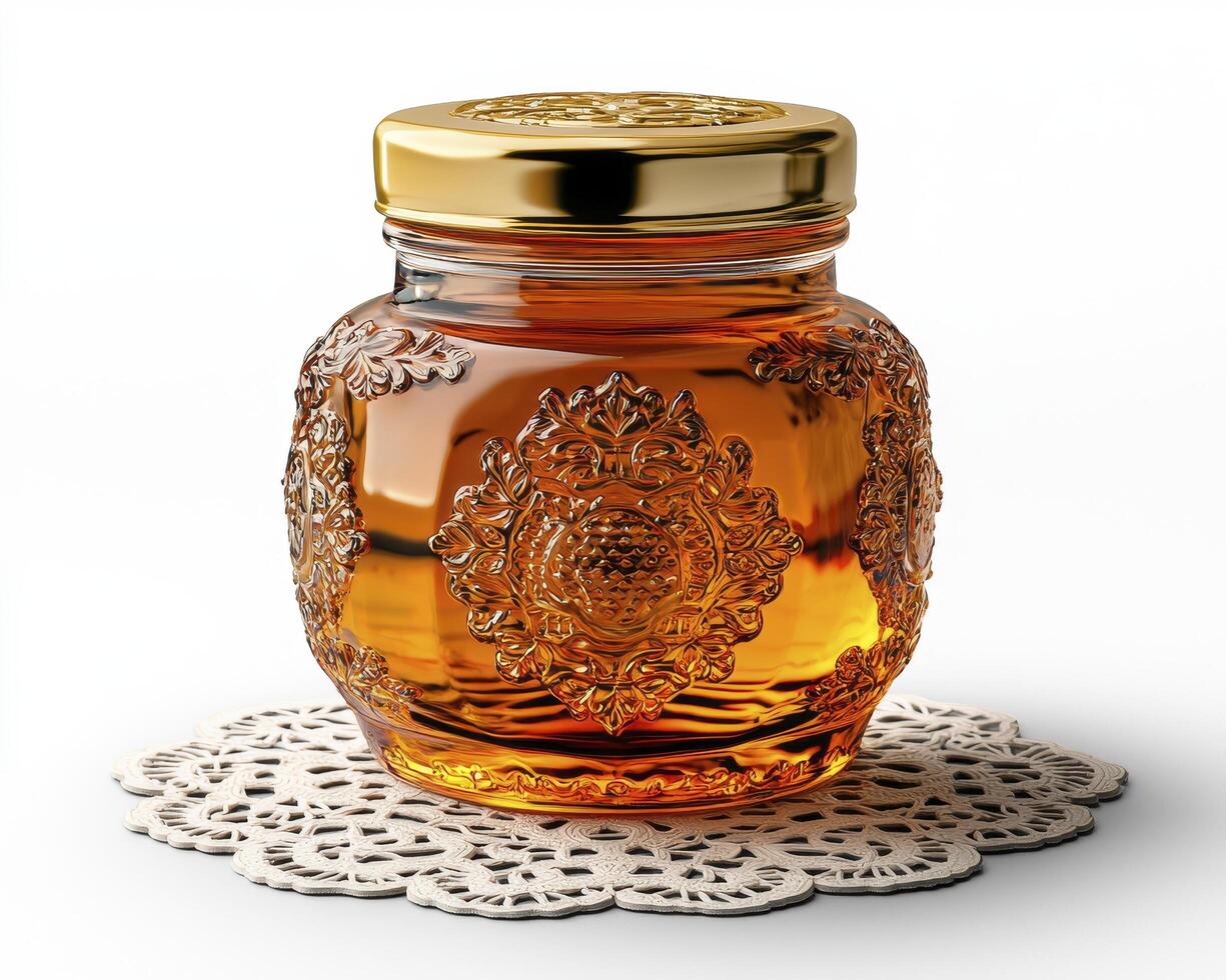 Golden Honey Jar A Close-Up View of a Decorative Glass Container Filled with Natural Sweetener, Perfect for Breakfast, Baking, or a Healthy Treat, Displayed on a Delicate White Doily, Emphasizing photo