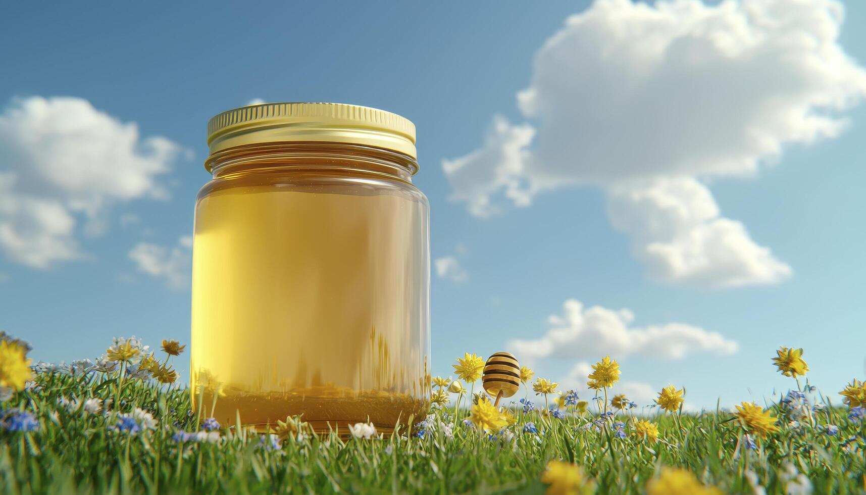 Golden Honey Jar in a Meadow A Captivating Scene of Nature's Sweetness Explore the vibrant colors of wildflowers under a clear blue sky, where a glass jar filled with pure honey rests Witness the photo