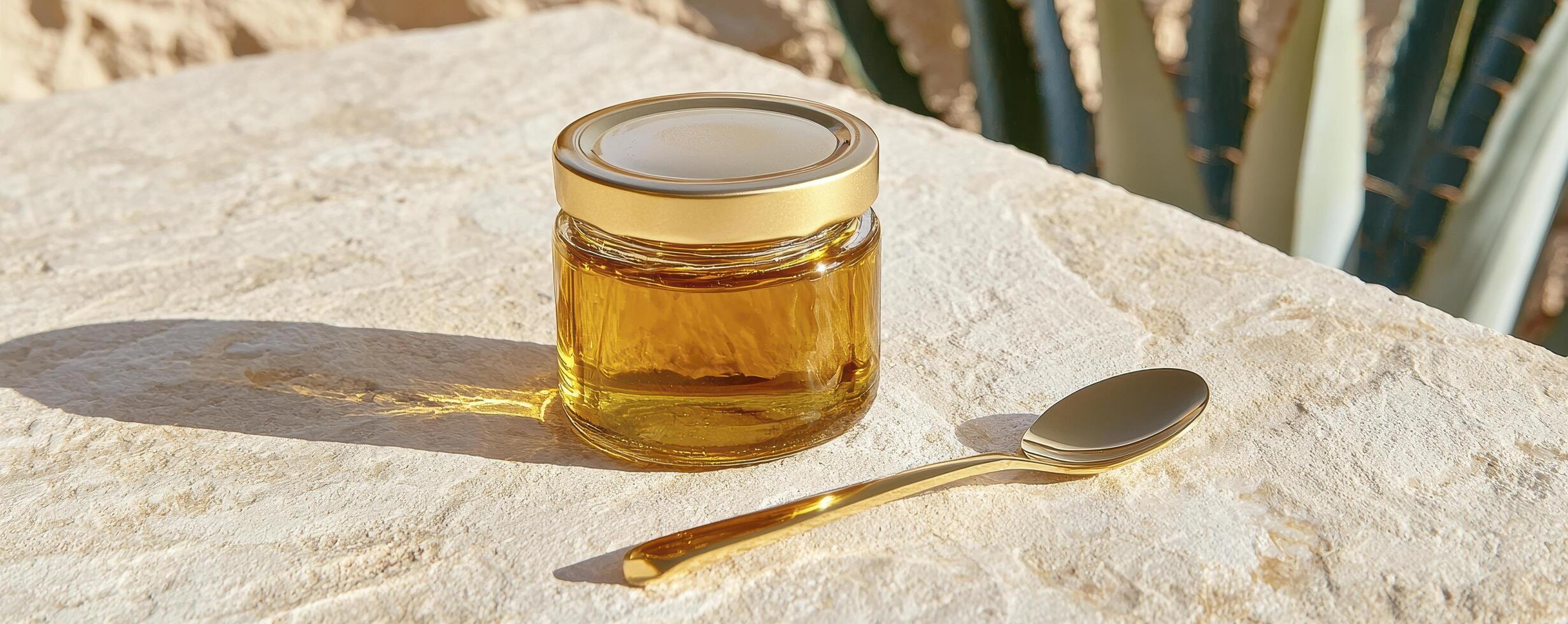Golden Honey Jar Still Life A captivating close-up of a small, golden-lidded jar filled with pure, amber honey, elegantly presented alongside a gleaming gold spoon on a textured, sunlit surface photo