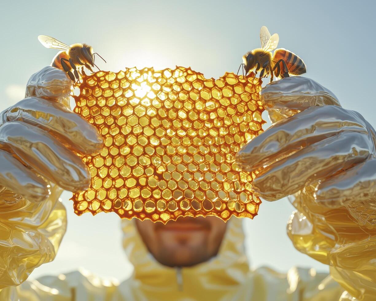 Golden honeycomb, a shining example of nature's architecture, showcases intricate hexagon patterns bathed in sunlight, creating a captivating scene of bees and honey The beekeeper, adorned in photo