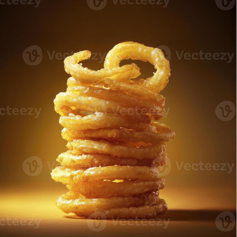 Golden Stack of Crispy Onion Rings A Delicious Culinary Delight Indulge in the savory goodness of these perfectly fried rings, showcasing their tempting texture and irresistible flavor This photo