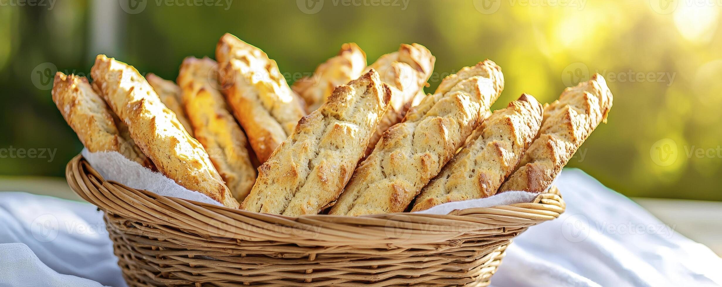 Golden-Brown Breadsticks in Wicker Basket, a Culinary Delight These Crispy Breadsticks Are Served on a White Cloth, Perfect for Dipping or Snacking Enjoy This Delicious Treat at a Picnic, Brunch, or photo
