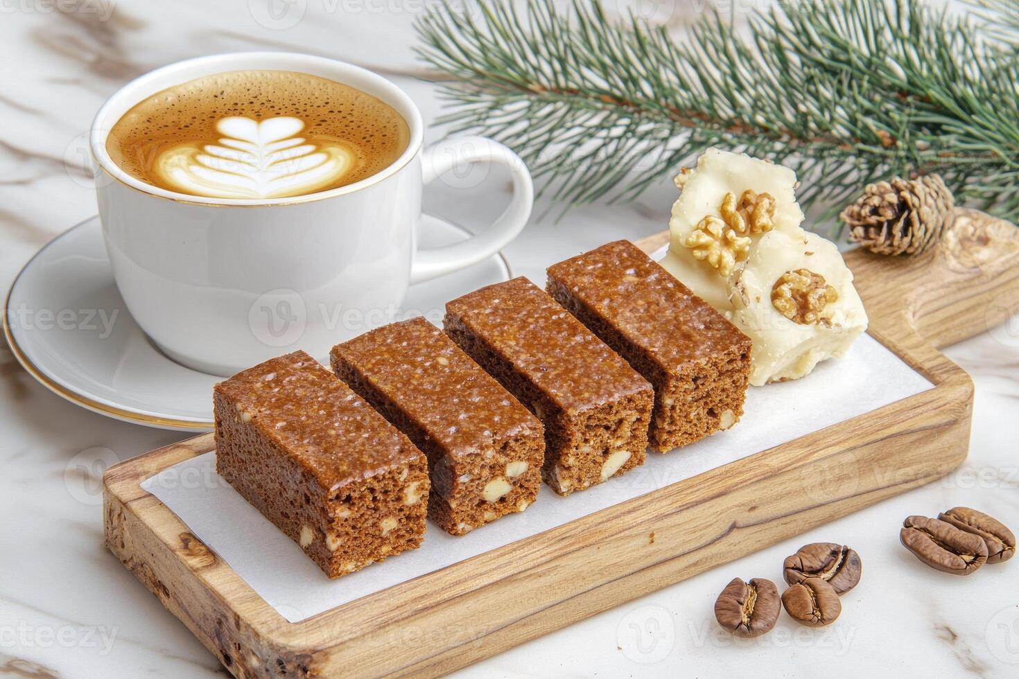 Indulge in the delightful combination of freshly brewed coffee and delicious homemade brownies, perfectly arranged on a rustic wooden board alongside creamy walnut butter, creating a cozy and photo