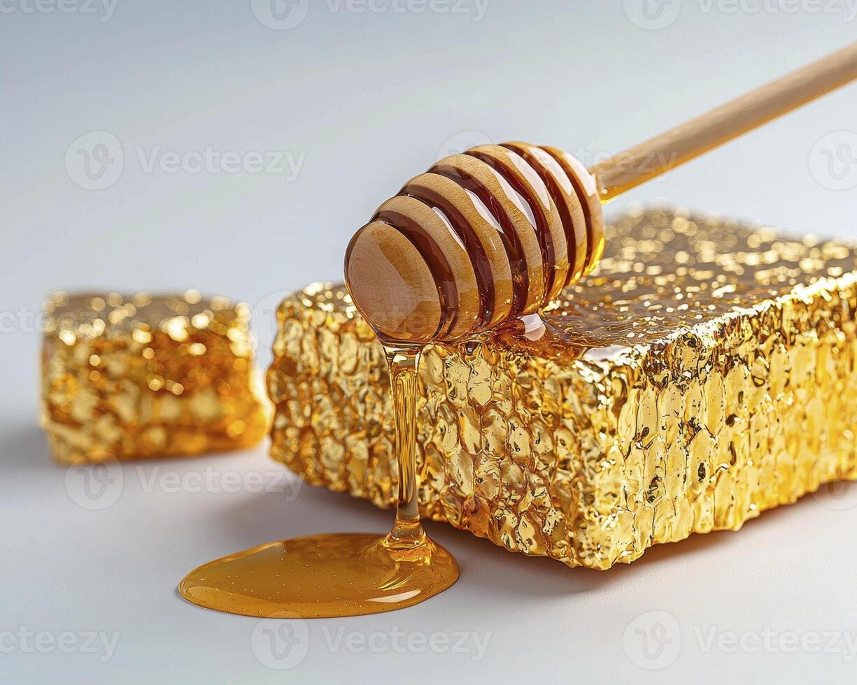 Indulge in the golden sweetness of nature's nectar with this captivating image of honeycomb and honey Witness the intricate details of the beeswax cells, glistening with the rich, amber-colored photo