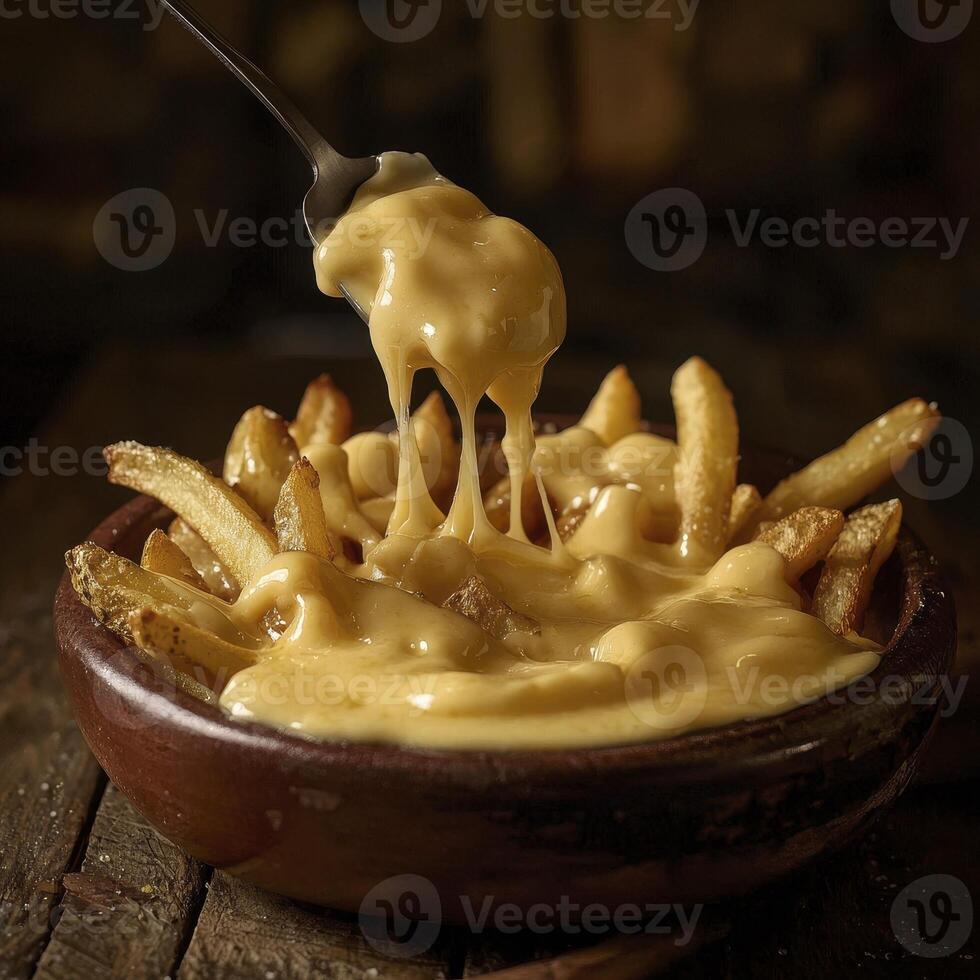 Indulge in the ultimate comfort food experience with these mouthwatering cheese fries, a symphony of golden, crispy potatoes smothered in a rich, creamy, and perfectly melted cheddar cheese sauce photo