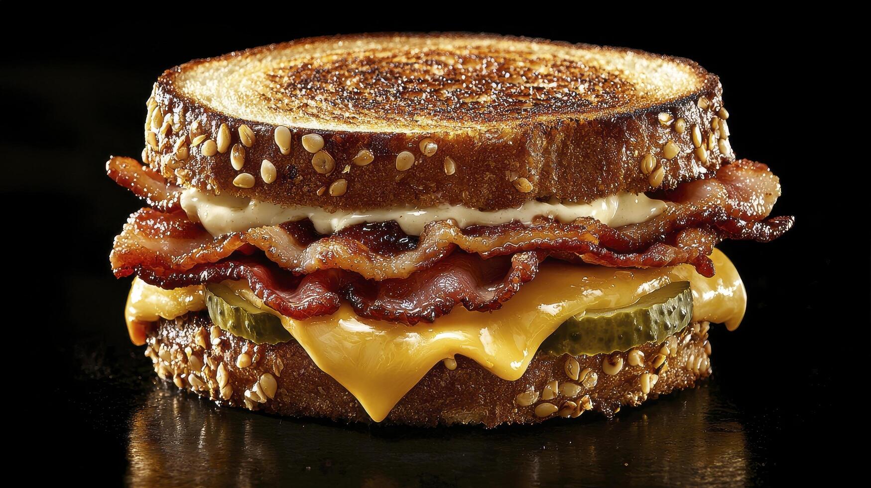 Indulge in the Ultimate Grilled Cheese Sandwich A Delicious Symphony of Flavors and Textures Savor the Crispy Bacon, Melted Cheddar Cheese, and Tangy Pickles, All Nestled Between Perfectly Toasted photo