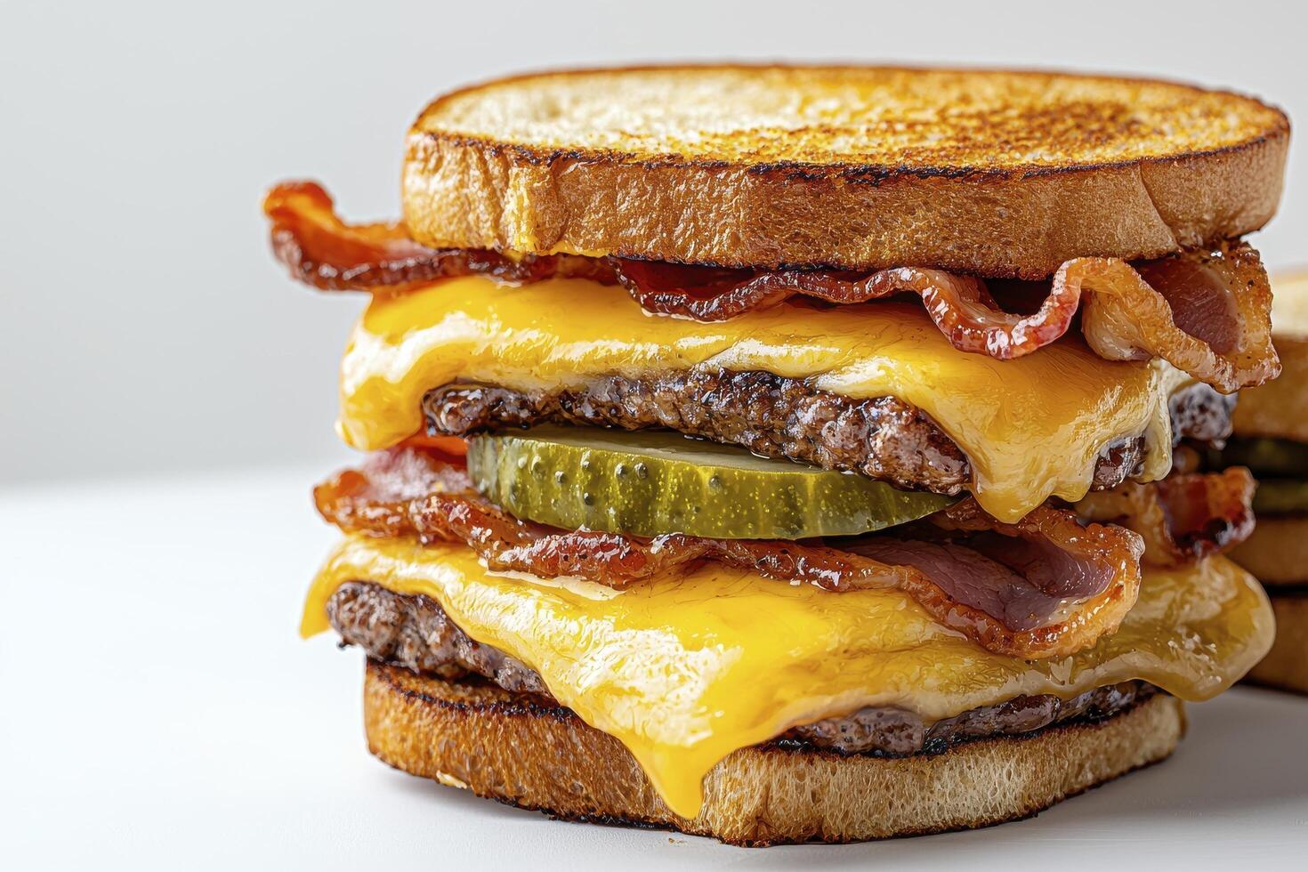 Indulge in the Ultimate Grilled Cheese Burger A Delectable Feast of Sizzling Beef Patties, Melted Cheddar Cheese, Crispy Bacon Strips, and Tangy Pickles, all Nestled Between Two Golden-Brown photo