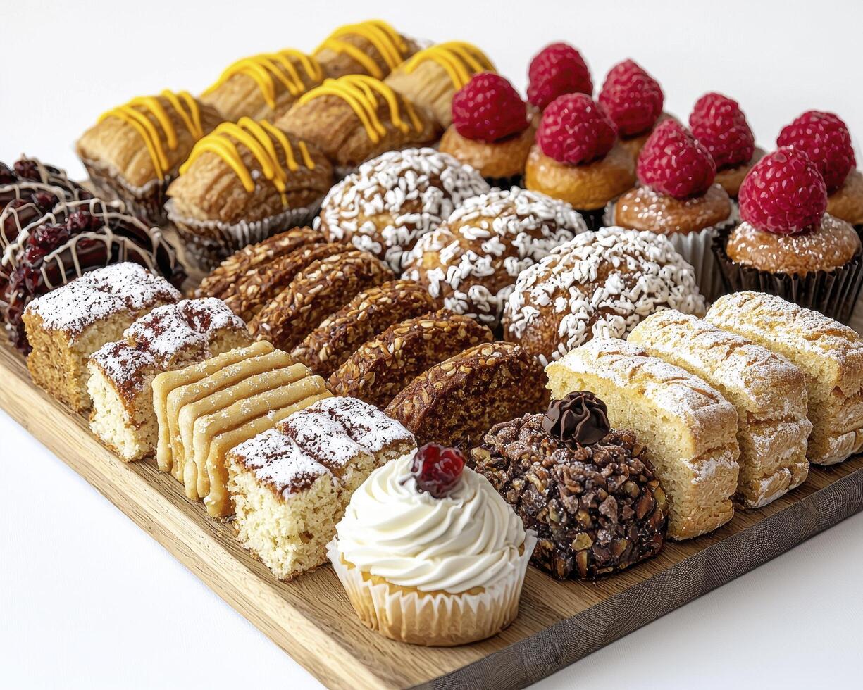 Indulge in the visual feast of assorted pastries, where delectable cakes, muffins, and cookies come together on a wooden tray, an exquisite dessert assortment perfect for any occasion, each piece photo
