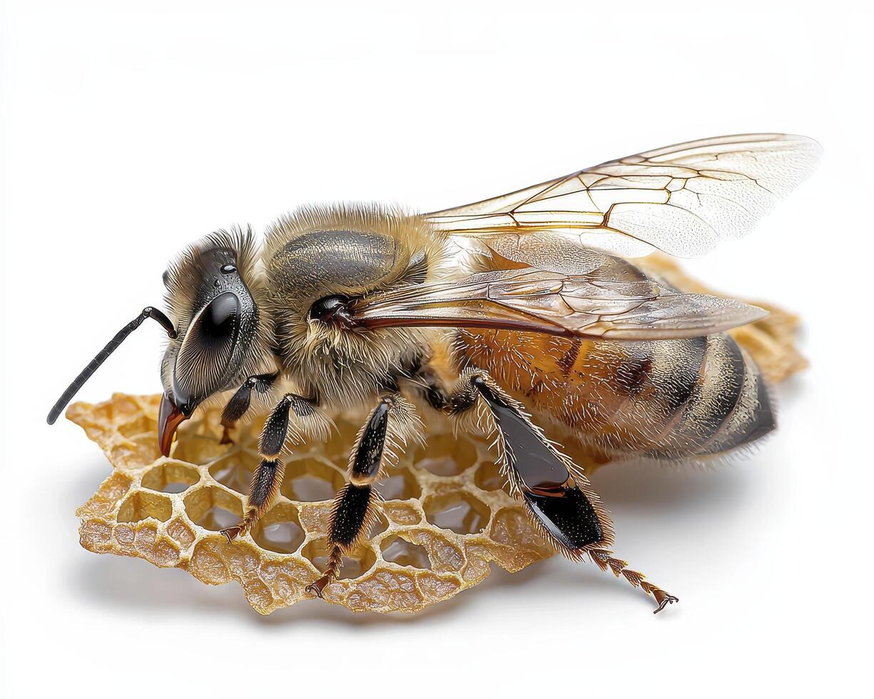 Macro Photography of a Honey Bee Explore the intricate details of a hardworking honey bee perched delicately upon a fragment of honeycomb, showcasing nature's remarkable architecture and the bee's photo