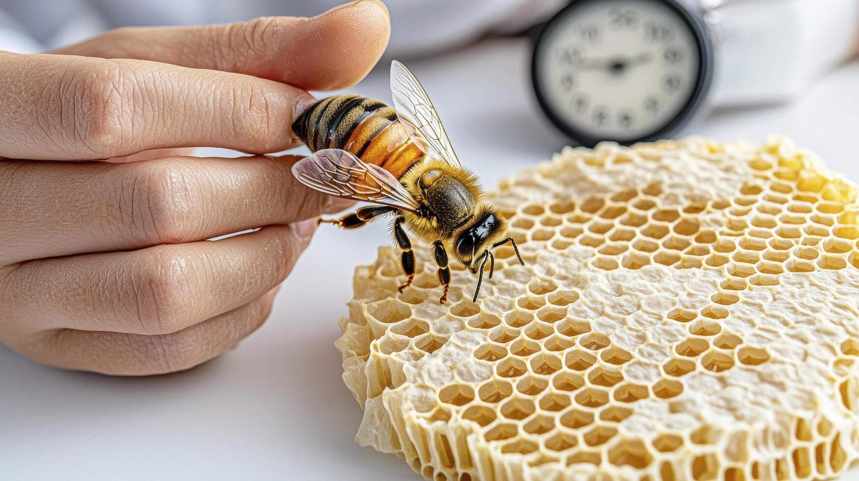 Macro Photograph Showing a Honey Bee on a Honeycomb, Close-Up Shot with Shallow Depth of Field Capturing the Intricate Details of the Bee's Body and the Honeycomb's Structure, Perfect for photo