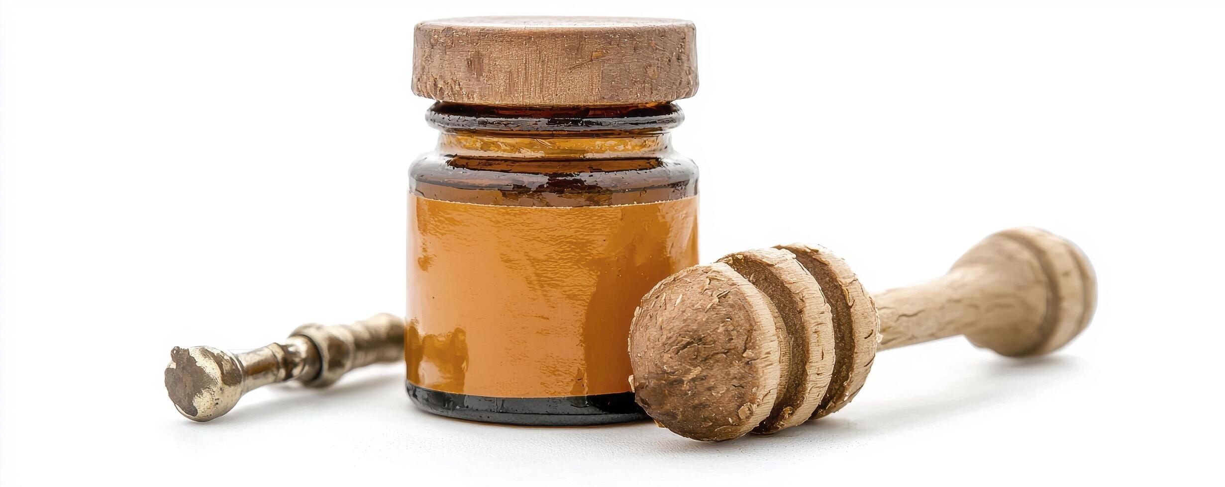 Natural Honey Jar Still Life Discover the Golden Essence of Pure Honey, captured in this serene image A wooden honey dipper rests beside a glass jar, filled with luscious, golden honey Perfect for photo
